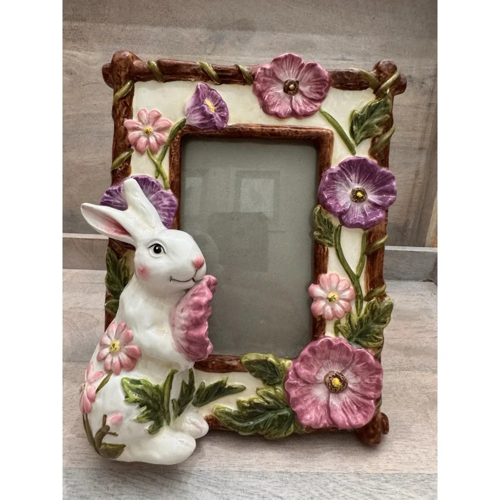 Ceramic 3D Floral Bunny Rabbit Photo Frame Easel Back Table Top Signature Home